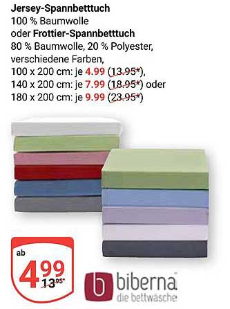Jersey-Spannbetttuch 100 % Baumwolle oder Frotier-Spannbetttuch 80 % Baumwolle, 20 % Polyester, verschiedene Farben