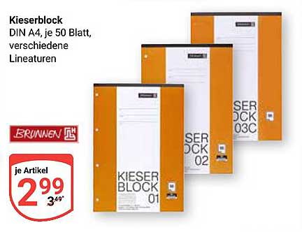 Kieserblock DIN A4, je 50 Blatt, verschiedene Lineaturen