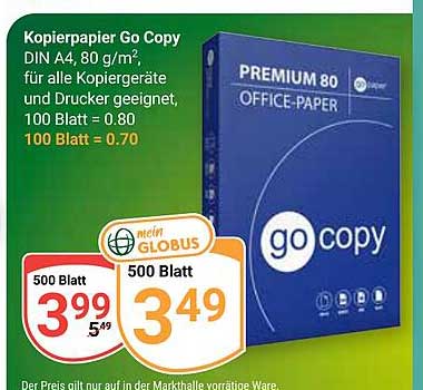 Kopierpapier Go Copy DIN A4, 80 g/m², für alle Kopiergeräte und Drucker geeignet, 100 Blatt = 0.80 / 100 Blatt = 0.70