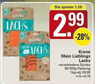 Krone Mein Lieblings Lachs verschiedene Sorten 90/100g Packung 1kg=29.90 n.G.=4.19