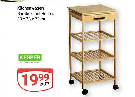 Küchenwagen Bambus, mit Rollen, 33 x 33 x 73 cm