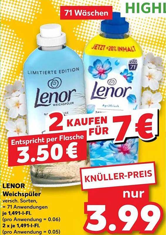 LENOR Weichspüler versch. Sorten, = 71 Anwendungen je 1,491-l-Fl. (pro Anwendung = 0.06) 2 x je 1,491-l-Fl. (pro Anwendung = 0.05)