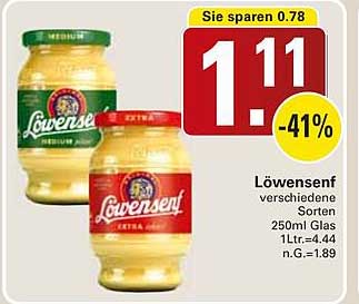 Löwensenf Verschiedene Sorten 250ml Glas 1Ltr.=4.44 n.G.=1.89