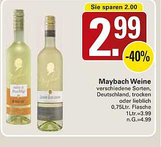 Maybach Weine Verschiedene Sorten, Deutschland, trocken oder lieblich 0,75L Flasche