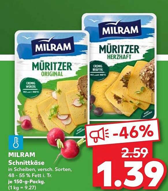 MILRAM Schnittkäse in Scheiben, versch. Sorten, 48 - 55 % Fett i. Tr. je 150-g-Packg. (1 kg = 9.27)