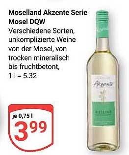 Moselland Akzente Serie Mosel DQW Verschiedene Sorten, unkomplizierte Weine von der Mosel, von trocken mineralisch bis fruchtbetont, 1 l = 5.32