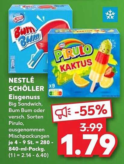 NESTLÉ SCHÖLLER Eisgenuss Big Sandwich, Bum Bum oder versch. Sorten Pirulo, ausgenommen Mischpackungen je 4 - 9 St. = 280 - 840-ml-Packg. (1 l = 2.14 - 6.40)