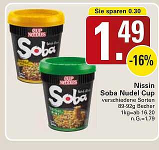 Nissin Soba Nudel Cup verschiedene Sorten 89-92g Becher 1kg = ab 16.20 n.G.=1.79