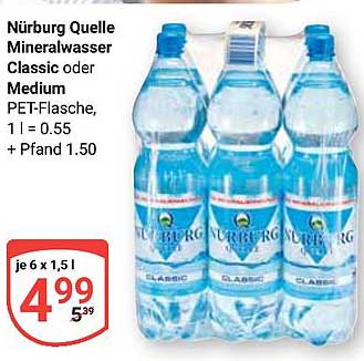 Nürburg Quelle Mineralwasser Classic oder Medium PET-Flasche, 1 l = 0.55 + Pfand 1.50
