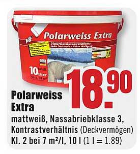 Polarweiss Extra mattweiß, Nassabriebklasse 3, Kontrastverhältnis (Deckvermögen) Kl. 2 bei 7 m²/l, 10 l (1 l = 1.89)