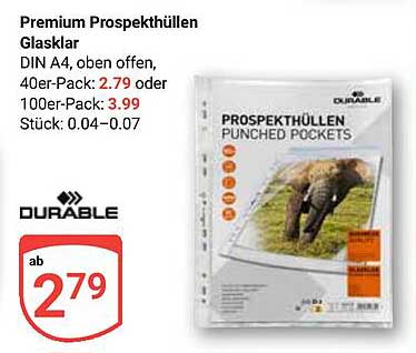 Premium Prospekthüllen Glasklar DIN A4, oben offen, 40er-Pack: 2.79 oder 100er-Pack: 3.99 Stück: 0.04–0.07
