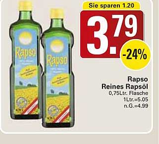 Rapso Reines Rapsöl 0,75Ltr. Flasche