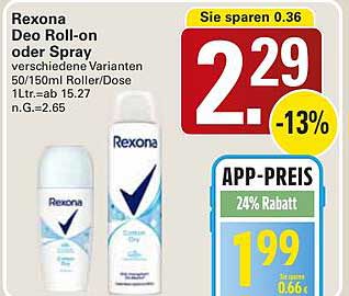 Rexona Deo Roll-on oder Spray verschiedene Varianten 50/150ml Roller/Dose 1ltr.=ab 15.27 n.g.=2.65