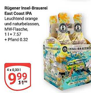 Rügener Insel-Brauerei East Coast IPA Leuchtend orange und naturbelassen, MW-Flasche, 1 l = 7.57 + Pfand 0.32
