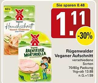 Rügenwalder Veganer Aufschnitt verschiedene Sorten 70/80g Packung 1kg=ab 13.88 n.G.=1.59