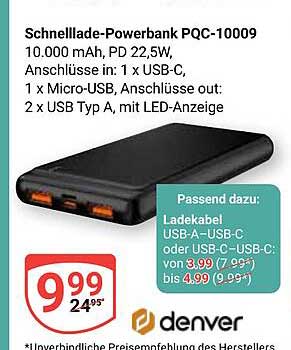Schnelllade-Powerbank PQC-10009 10.000 mAh, PD 22,5W, Anschlüsse in: 1 x USB-C, 1 x Micro-USB, Anschlüsse out: 2 x USB Typ A, mit LED-Anzeige