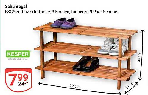 Schuhregal FSC®-zertifizierte Tanne, 3 Ebenen, für bis zu 9 Paar Schuhe