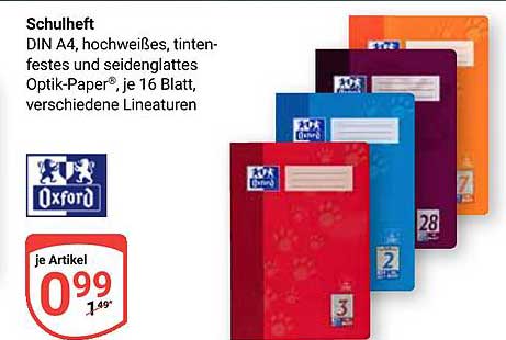 Schulheft DIN A4, hochweiß, tintenfestes und seidigglattes Optik-Papier, je 16 Blatt, verschiedene Lineaturen