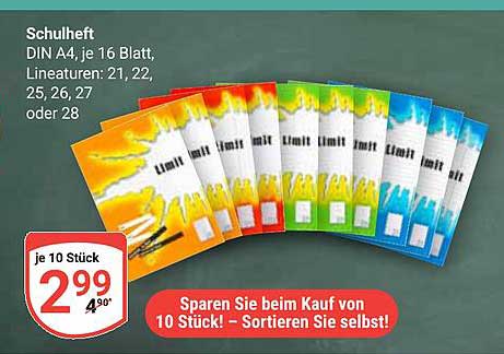 Schulheft DIN A4, je 16 Blatt, Lineaturen: 21, 22, 25, 26, 27 oder 28