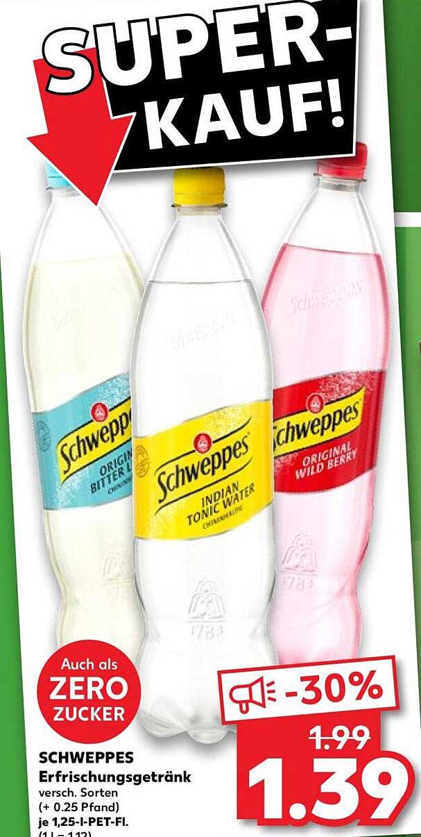 SCHWEPPES Erfrischungsgetränk versch. Sorten (+ 0,25 Pfand) je 1,25-L-PET-Fl. (1 l = 1,12)