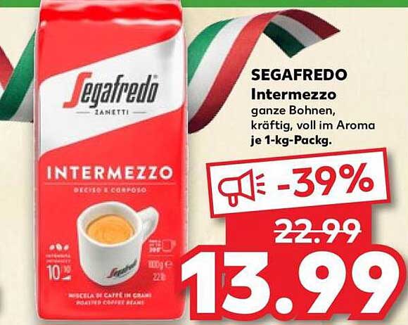 SEGAFREDO Intermezzo ganze Bohnen, kräftig, voll im Aroma je 1-kg-Packg.