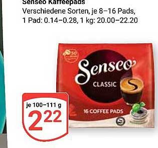 Senseo Kaffeepads Verschiedene Sorten, je 8–16 Pads, 1 Pad: 0.14–0.28, 1 kg: 20.00–22.20