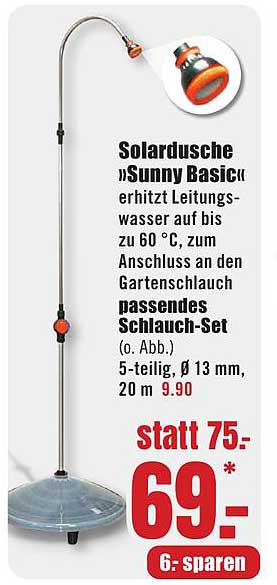 Solardusche »Sunny Basic« erhitzt Leitungswasser auf bis zu 60 °C, zum Anschluss an den Gartenschlauch passendes Schlauchi-Set (o. Abb.) 5-teilig, Ø 13 mm, 20 m