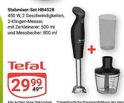 Stabmixer-Set HB4528 450 W, 2 Geschwindigkeiten, 2-Klingen-Messer, mit Zerkleinerer: 500 ml und Messbecher: 800 ml