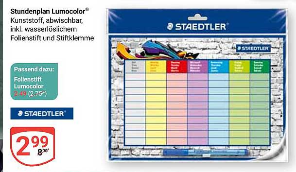 Stundenplan Lumocolor® Kunststoff, abwischbar, inkl. wasserlöslichem Folienstift und Siftklemme