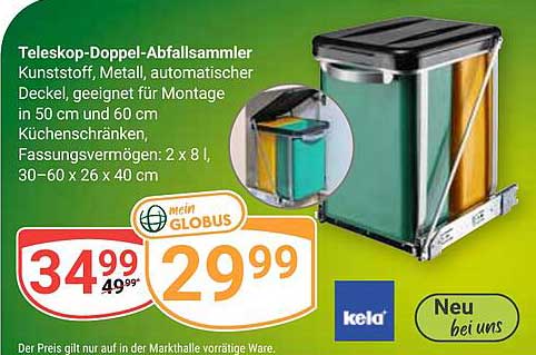 Teleskop-Doppel-Abfallsammler Kunststoff, Metall, automatischer Deckel, geeignet für Montage in 50 cm und 60 cm Küchenschränken, Fassungsvermögen: 2 x 8 l, 30–60 x 26 x 40 cm