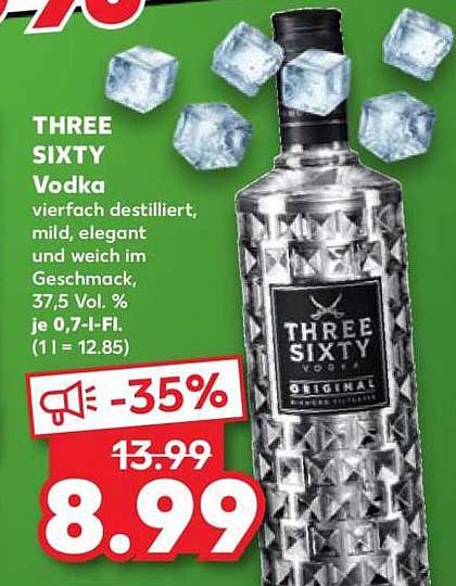 THREE SIXTY Vodka vierfach destilliert, mild, elegant und weich im Geschmack, 37,5 Vol. % je 0,7-l-Fl.