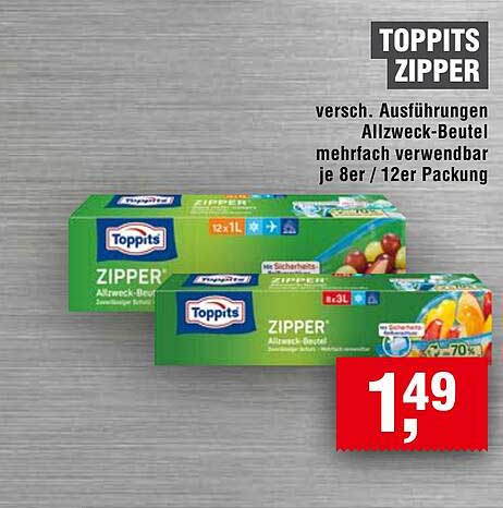 TOPPITS ZIPPER versch. Ausführungen Allzweck-Beutel mehrfach verwendbar je 8er / 12er Packung