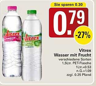 Vitrex Wasser mit Frucht verschiedenen Sorten 1,5Ltr. PET-Flasche