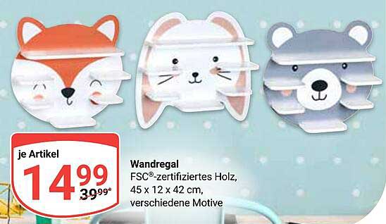 Wandregal FSC®-zertifiziertes Holz, 45 x 12 x 42 cm, verschiedene Motive