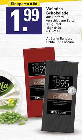 Weinrich Schokolade aus Herford, verschiedene Sorten, 100g Tafel