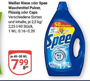 Weißer Riese oder Spee Waschmittel Pulver, Flüssig oder Caps Verschiedene Sorten und Inhalte, je 2,5 kg/ 2,25 l/40 Stück, 1 WL: 0.16–0.20