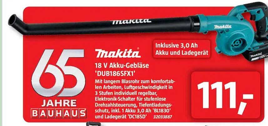 18 V Akku-Gebläse 'DUB186SFX1' von Makita inkl. 3,0 Ah Akku und Ladegerät