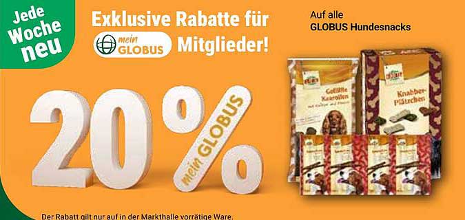 20% Rabatt auf alle GLOBUS Hundesnacks für Mitglieder