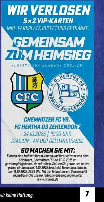 5 x 2 VIP-Karten für das Spiel Chemnitzer FC vs. FC Hertha 03 Zehlendorf