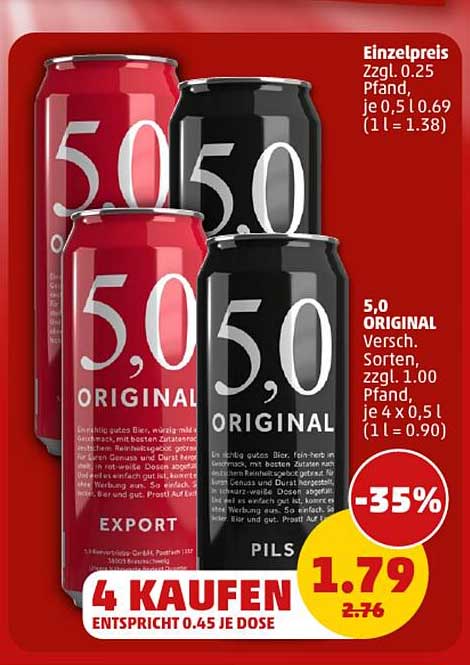 5,0 ORIGINAL Bier – 4 Dosen zum Sparpreis!
