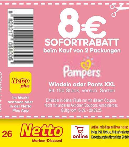 8 € Sofortrabatt beim Kauf von 2 Packungen Pampers Windeln oder Pants XXL