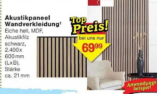 Akustikpaneel Wandverkleidung, Eiche hell, MDF, Akustikfilz schwarz, 2.400x600mm