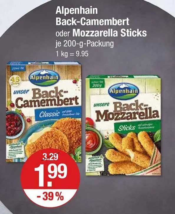 Alpenhain Back-Camembert oder Mozzarella Sticks je 200-g-Packung