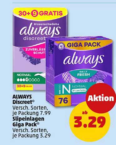 ALWAYS Discreet Blasen-wäsche und Giga Pack Slips, verschiedene Sorten