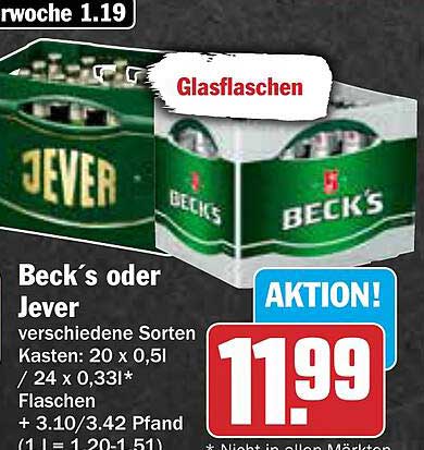 Beck's oder Jever - verschiedene Sorten im Kasten