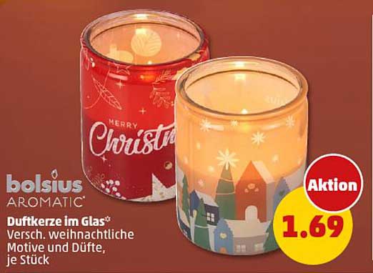 Bolsius Aromatic Duftkerze im Glas mit weihnachtlichen Motiven