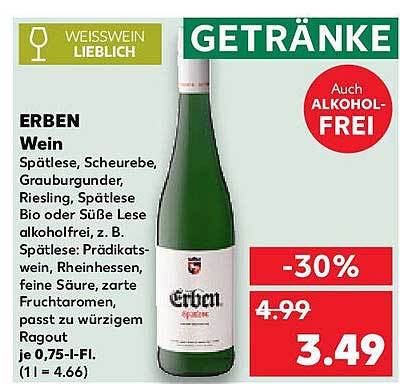 ERBEN Wein Spätlese - 30% Rabatt auf alkoholfreien Genuss