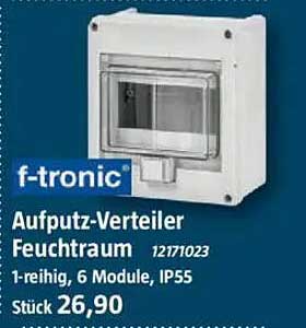 f-tronic Aufputz-Verteiler Feuchtraum 1-reihig, 6 Module, IP55