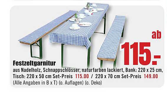 Festzeltgarnitur aus Nadelholz, Schnappschlösser, naturfarben lackiert