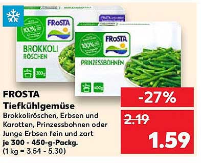 FROSTA Tiefkühlgemüse: Brokkoliröschen, Erbsen und Karotten, Prinzessbohnen oder Junge Erbsen fein und zart
